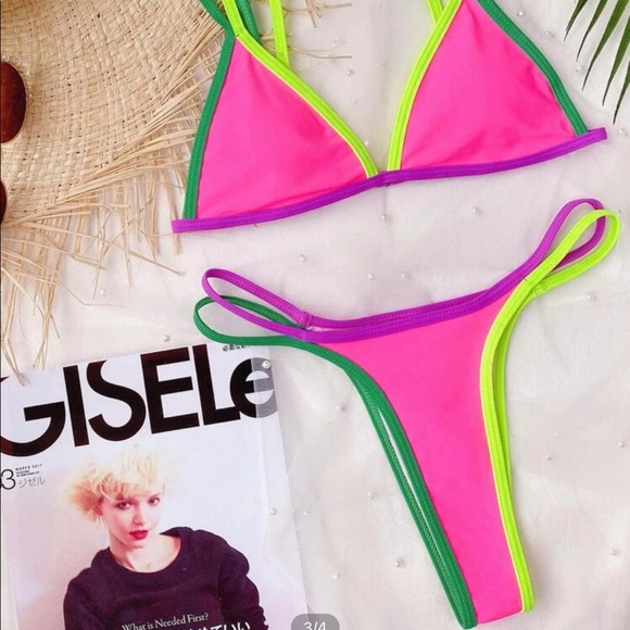 Contrast binding triangle thong bikini swimsuit - Picture 1 of 2
